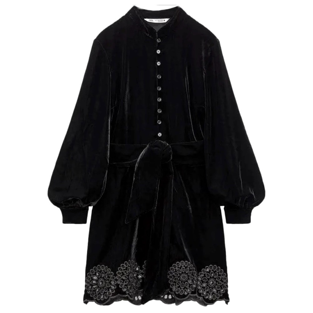Zara Dresses Velvet Embroidered Belted Cocktail Dress